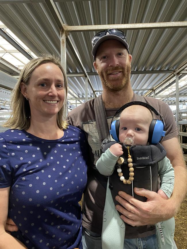 Kirby Nankervis, Kade Small and Oscar, 5 months, who was prepared for the noise of unweaned calves at Wodonga. 7 January. Picture: Fiona Myers