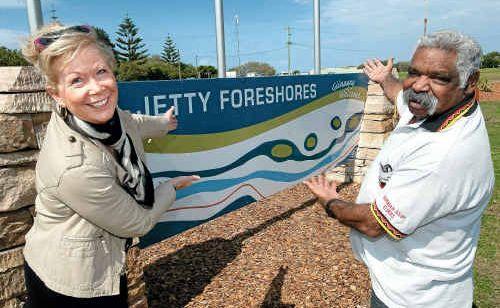 Coffs Harbour Deputy Mayor Denise Knight and Aboriginal Elder Trevor Wilson unveil the new Jetty Foreshores sign ahead of the World Rally Championships. Picture: Trevor Veale