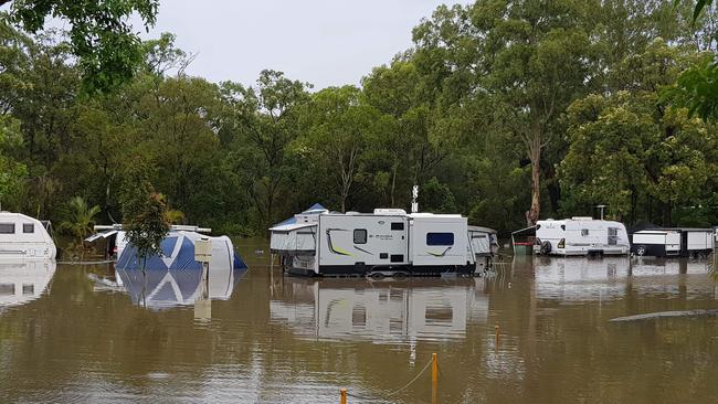 Holidaymakers were trapped at Big 4 Gold Coast Holiday Park at Helensvale after a huge deluge of rain led to flash flooding. Picture: Colleen McArthur