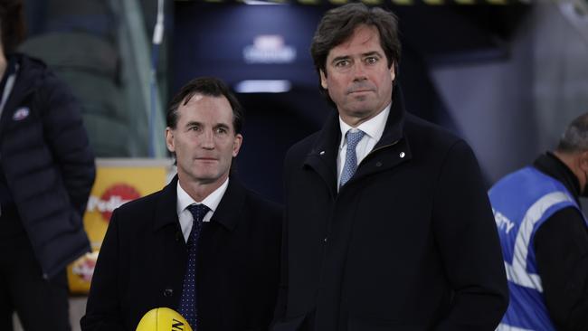 AFL CEO Gillon McLachlan with his successor Andrew Dillon. Picture: Darrian Traynor/Getty Images