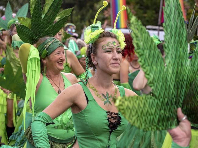 A cannabis law reform march and gathering in Nimbin in 2018 — the area’s 26th consecutive Nimbin Mardi Grass parade.