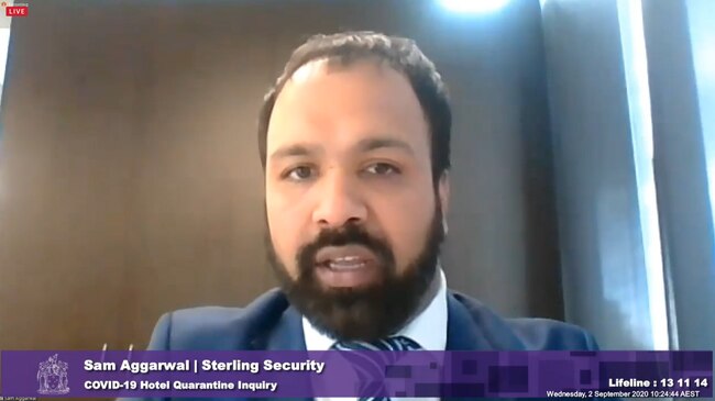 Sam Aggarwal from Sterling Security gives evidence at the hotel quarantine inquiry. His firm was subcontracted to guard returned travellers.