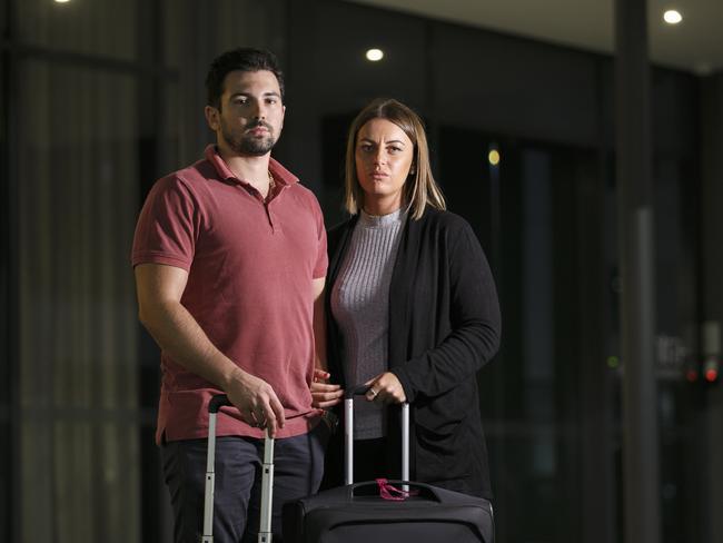 Katrina Bryce and partner Joel Ghilardi had their flight cancelled. Picture: Tim Pascoe