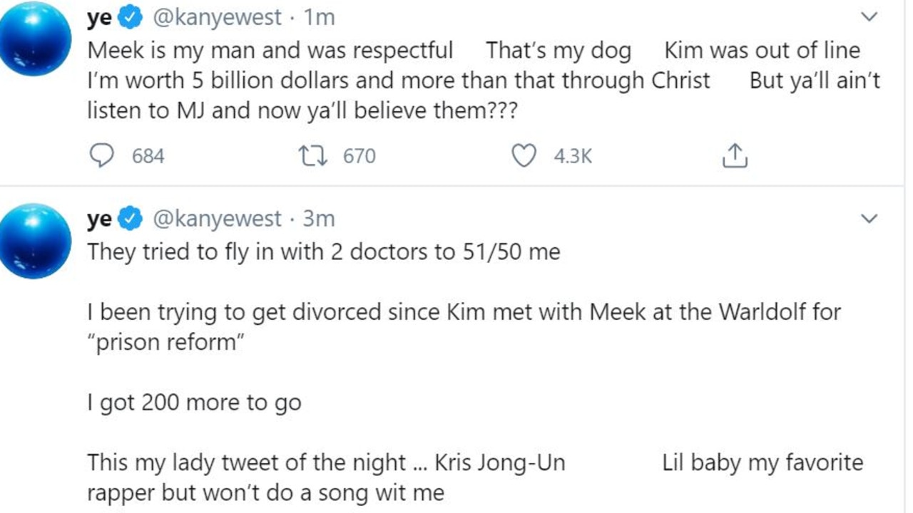 Kanye again lashed out as his wife on Twitter, claiming her family have tried to have him hospitalised. Picture: Twitter