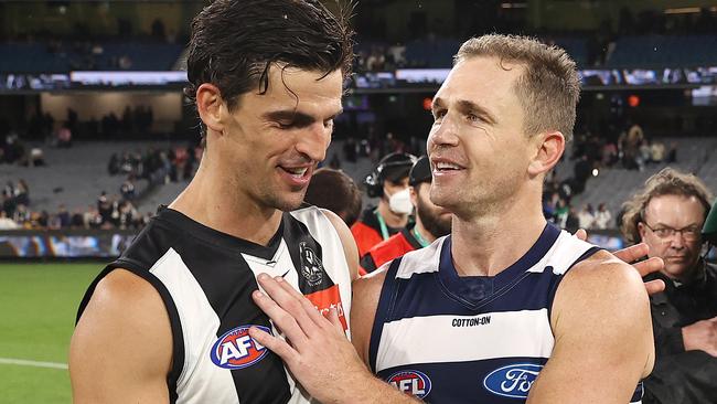 Joel Selwood of the Cats and Scott Pendlebury of the Magpies. Photo by Michael Klein.