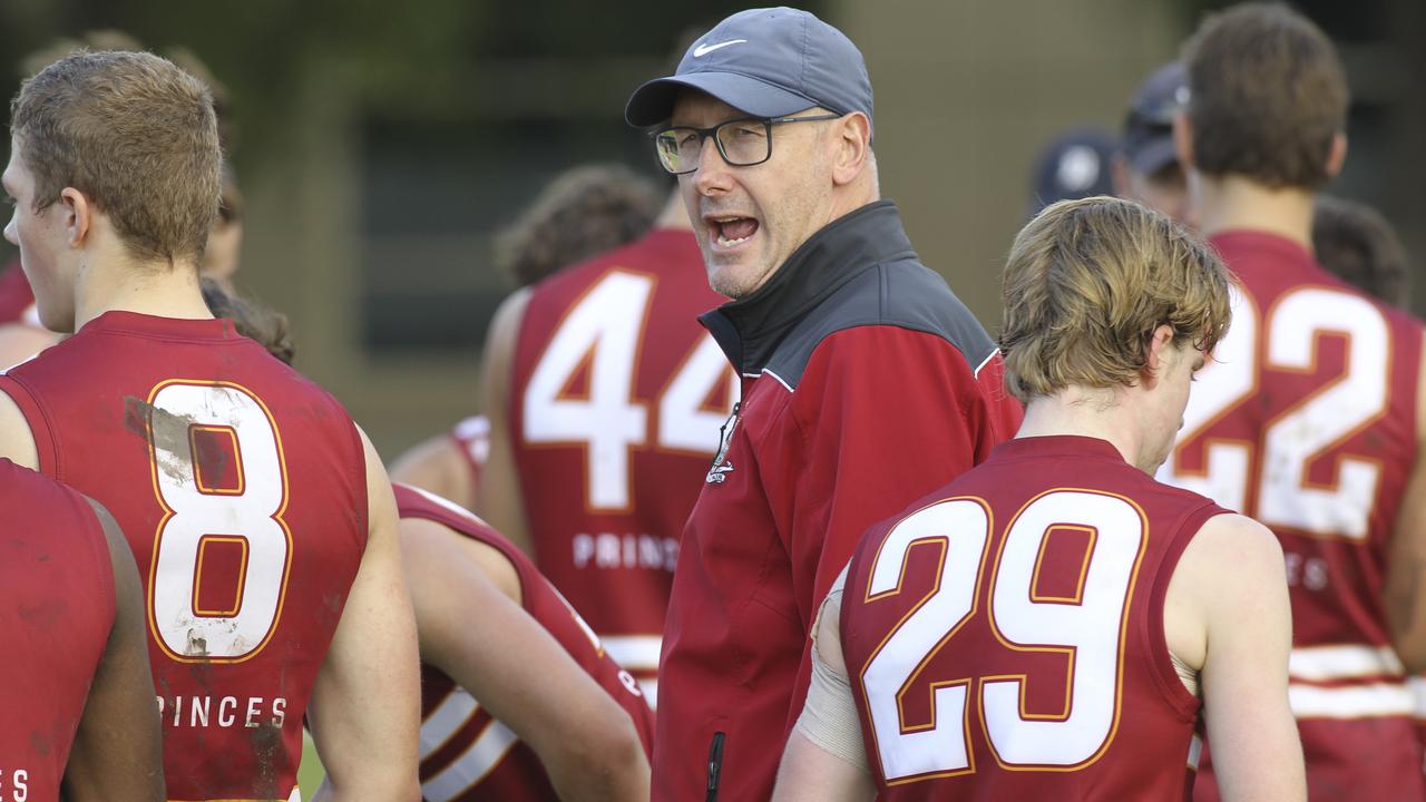 St Peter's versus Prince Alfred college footy Messenger Shield clash at St Peters. PAC coach Martin McKinnon addresses his players at three quarter time. 11 May 2019. (AAP Image/Dean Martin)