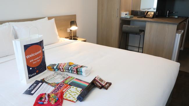 Welcome kits are left for guests quarantining in Tom's Court hotel. Picture: Dean Martin