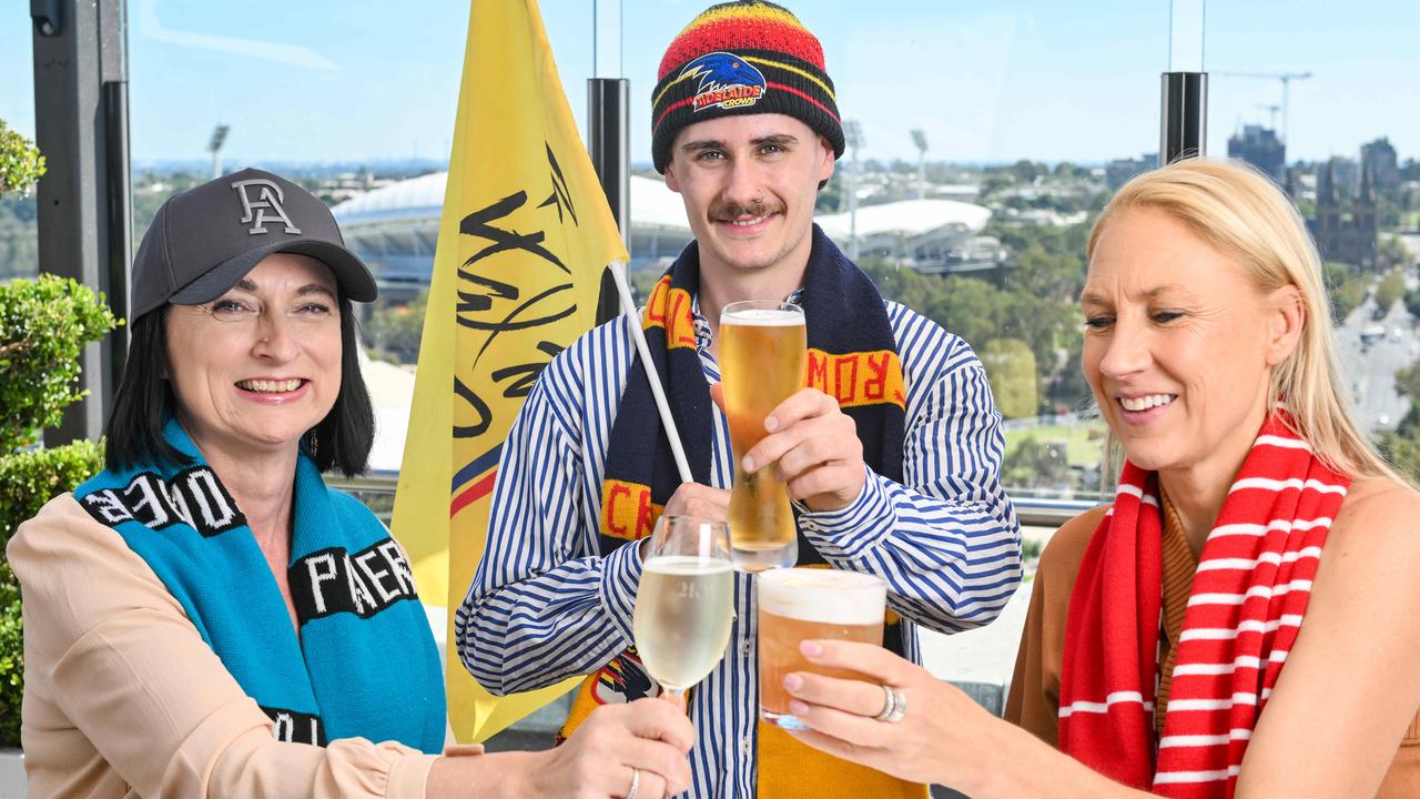 Kerry Bray, Trent Mahony and Alex Pledge at 2KW preparing for the AFL Gather Round. Picture: Brenton Edwards