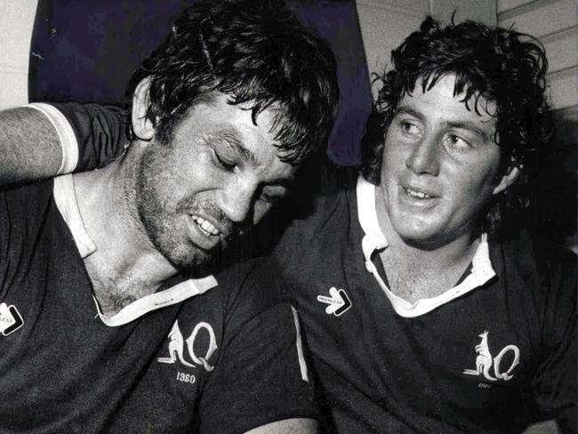 A 21-year-old Chris Close celebrates Queensland’s famous first Origin win with inspirational skipper Arthur Beetson, who passed away in 2011.