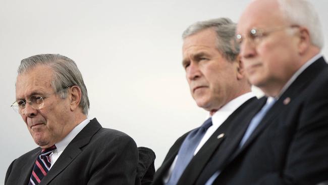 Former secretary of defence Donald Rumsfeld, left, former US president George W. Bush and his vice-president Dick Cheney.