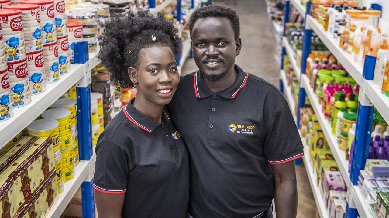 Paris Mamei and Atem Jok move the Nile Shop to Ruthven St supplying African cooking ingredients through to hair products and extensions. Picture: Nev Madsen.