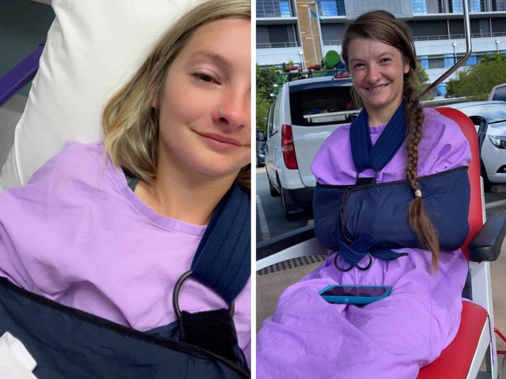 Jockey Montana Philpot in hospital with her most recent injury (left) and her fall from April (right).