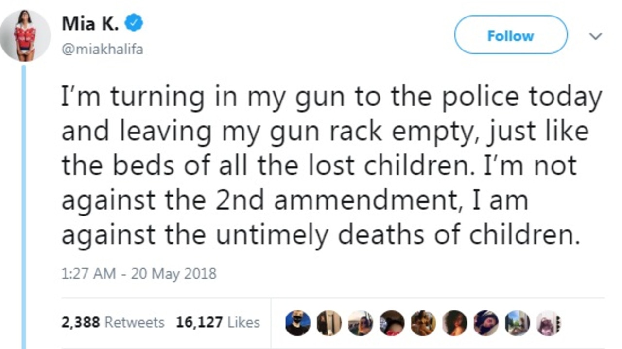 Former porn star Mia Khalifa turned in her gun following the Santa Fe High School shooting. Picture: Twitter