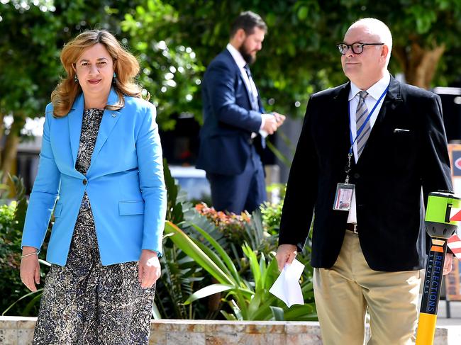 BRISBANE, AUSTRALIA - NewsWire Photos MAY 3, 2022:  Premier Annastacia Palaszczuk stops to talk to the media prior to Cabinet. Picture: NCA NewsWire / John Gass