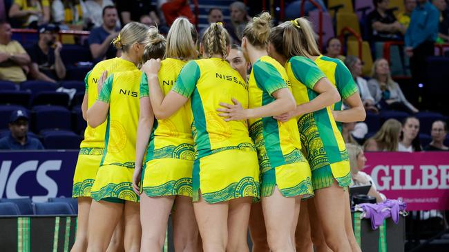 BRISBANE, AUSTRALIA - OCTOBER 15: Australia players huddle prior to the game two of the 2023 Constellation Cup series between Australia Diamonds and New Zealand Silver Ferns at Brisbane Entertainment Centre on October 15, 2023 in Brisbane, Australia. (Photo by Russell Freeman/Getty Images)