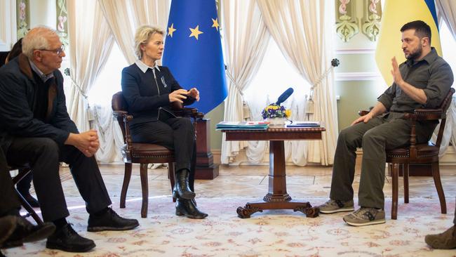 European foreign policy chief Josep Borrell, and European Commission President Ursula von der Leyen meeting with Ukrainian President Volodymyr Zelensky in Kyiv on Friday. Picture: AFP/Ukrainian Presidential press service