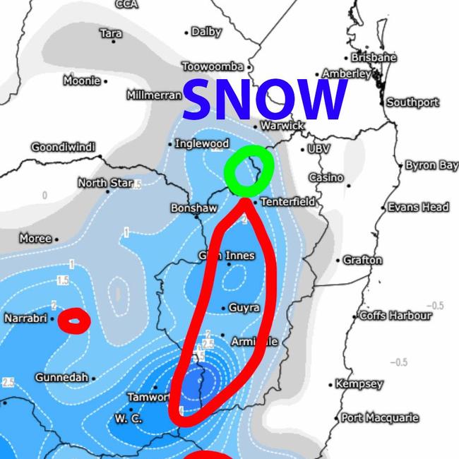 Higgins Storm Chasing is predicting snow across the Northern Tablelands in NSW possibly crossing into Queensland by Tuesday morning. Picture: Higgins Storm Chasing.