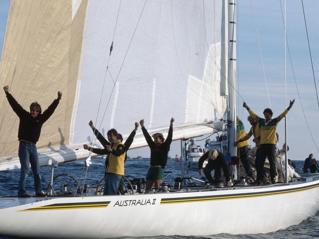 Australia II’s crew celebrate on board after winning the America's Cup in the final race of the series, at Newport, Rhode Island in the USA on September 26, 1983. It was a huge story in Australia at the time. Picture: Leo Mason/Popperfoto/Getty Images