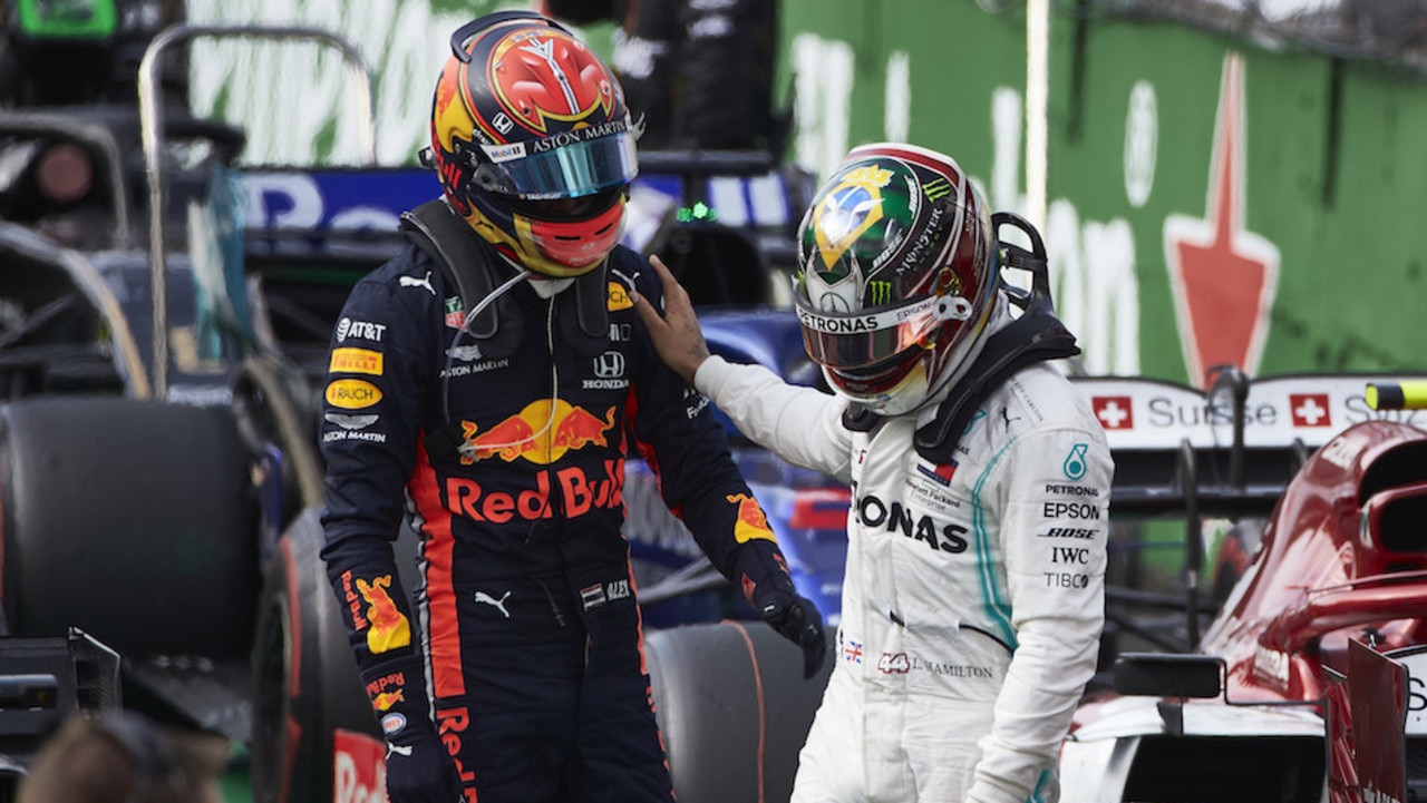 Hamilton consoles Albon after the race. Picture: Steve Etherington/LAT Images