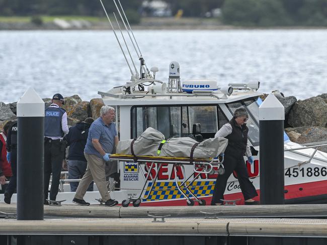 The recovered body of a charter boat that capsized passenger is collected from  Sea Rescue at Billy Lights Point Boat Ramp at Port Lincoln Tuesday, March,26,2024.Picture Mark Brake