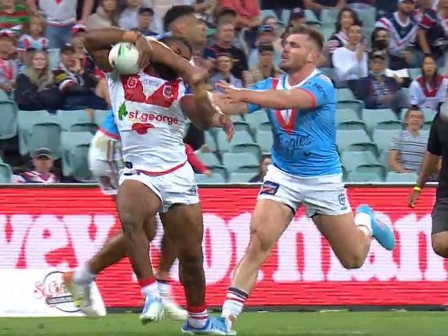 Sydney Roosters' Daniel Tupou was put on report for this high shot on Mikaele Ravalawa.