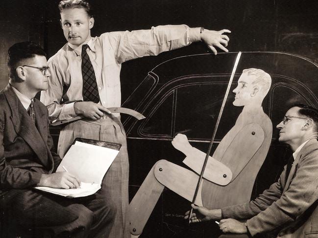 Ford design chief Lew Bandt, centre, with Hec Murray and Jack Taylor with life-sized wooden model Oscar.