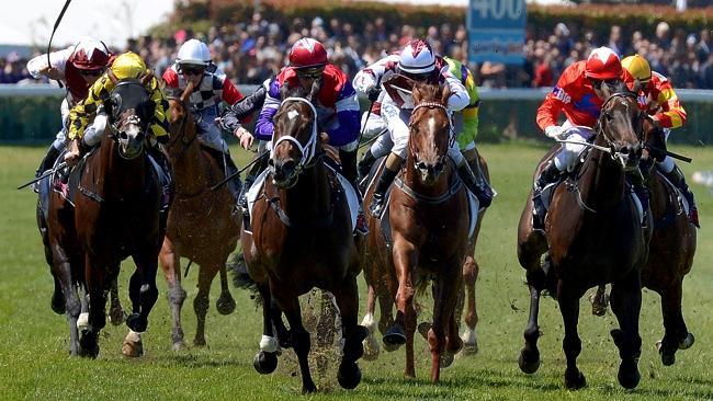 Hucklebuck (red, purple and white silks) faces a big ask over 1600m today. Picture: Jay Town