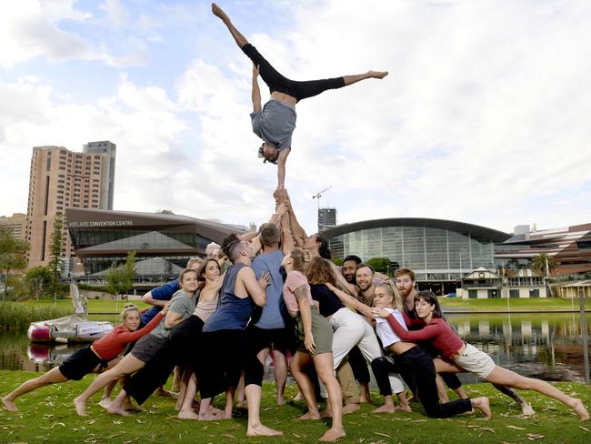 Adelaide physical theatre company Gravity &amp; Other Myths recreates a scene from its new show The Pulse, which will be part of the 2021 Adelaide Festival, at Pinky Flat. Picture: Naomi Jellicoe