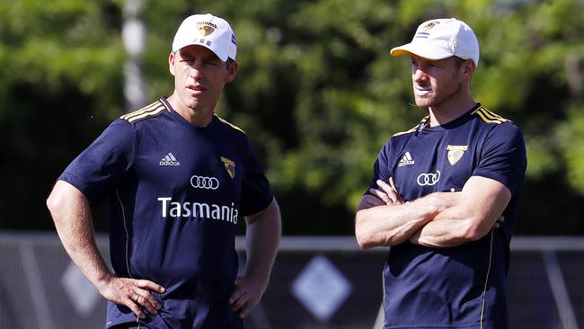 Hawthorn coach Alastair Clarkson and fitness boss Andrew Russell watch over Hawks training during pre-season. Picture: Michael Klein