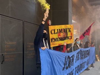 Climate protestors are pictured outside treasurer Josh Frydenberg's offices in Melbourne’s East Hawthorne. Picture: Twitter