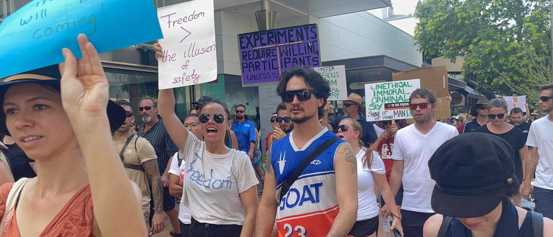 Protesters at the freedom rally in Darwin CBD on October 30, 2021. Picture: Amanda Parkinson