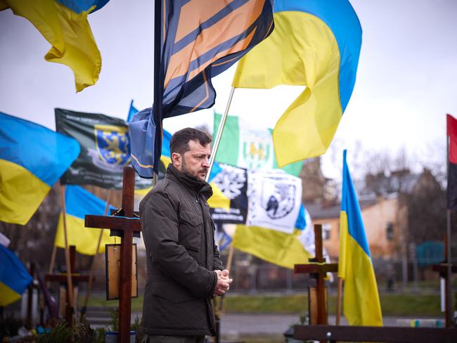 President of Ukraine Volodymyr Zelensky visiting the graves of fallen Ukrainian soldiers on the Field of Mars of the Lychakiv cemetery in Lviv. Picture: AFP