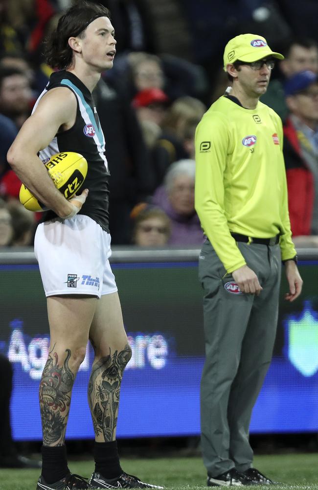 Port’s Jasper Pittard waits for the score review on Josh Jenkins winning Showdown goal. Picture: SARAH REED