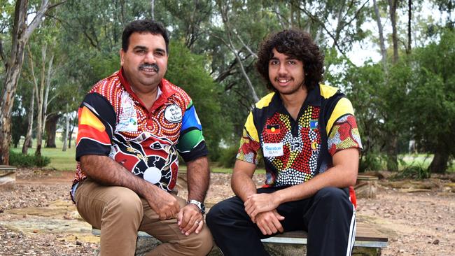 PROUD MEN: Mandandanji elder Rodney Landers and nephew Lane Brookes sharing and celebrating their culture during NAIDOC week in Roma in 2015. Photo Stephanie Kay / Western Star