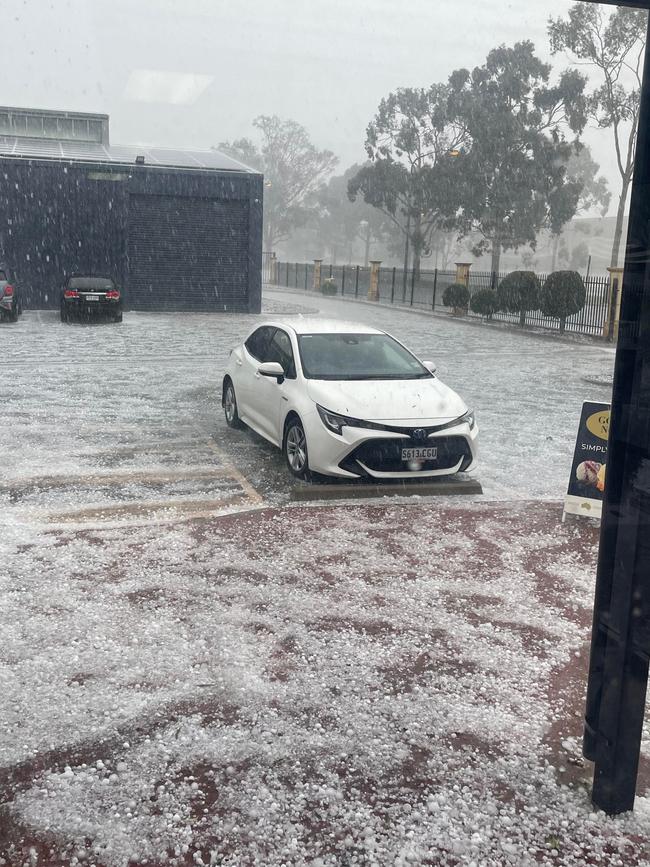 Hailstones blanketing the ground at Elizabeth. Picture: Ben Stubing