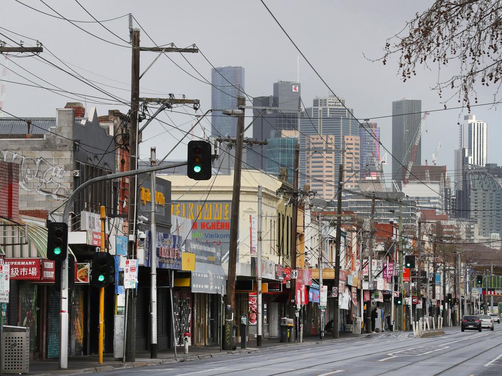 Closed shops on Victoria St in Richmond during stage four COVID-19 lockdown in Melbourne. Picture: NCA NewsWire/ David Crosling