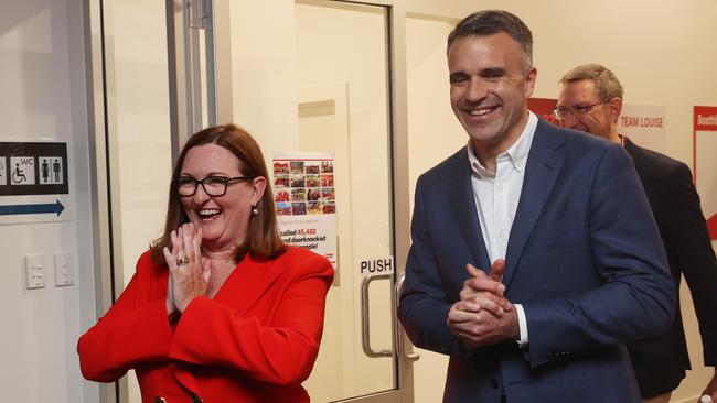 ALP Boothby Candidate Louise Miller-Frost celebrating at Kenilworth Football Club with Premier Peter Malinauskas on May 21. Picture: Simon Cross