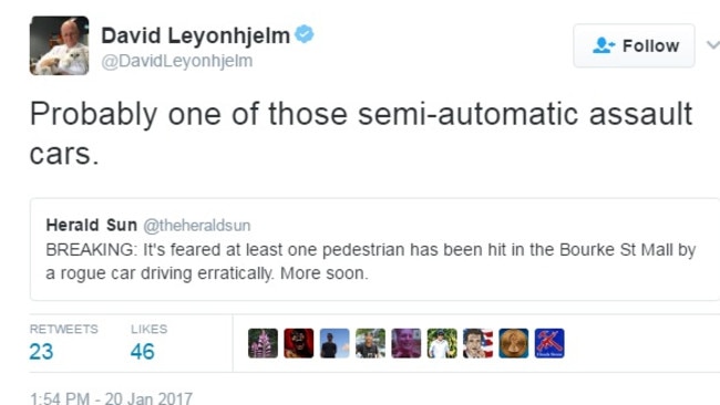 David Leyonhjelm’s tweet as the tragedy unfolded in Melbourne.