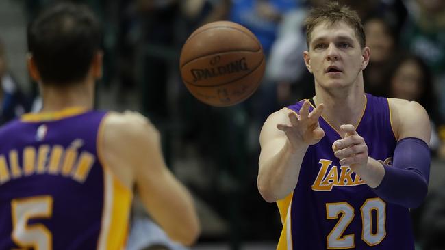 Timofey Mozgov #20 of the Los Angeles Lakers.