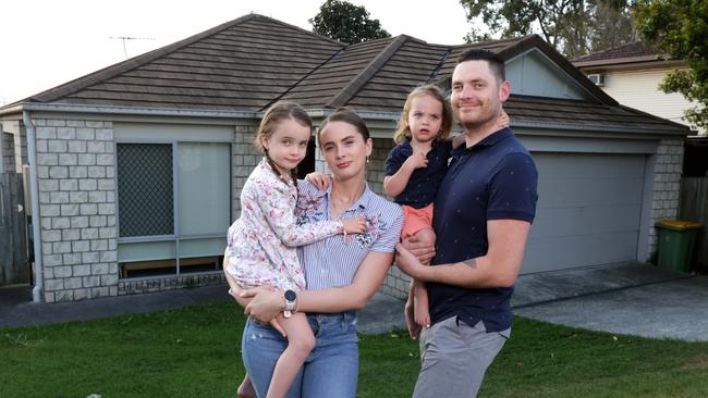 Alice Fisher and Jade Hyde with their kids Riley Hyde 5yrs and Thomas Hyde 2yrs, Jade and his family had assistance from their family in order to break into the competitive Brisbane property market, Goodna, on Wednesday 6th September 2023 - Photo Steve Pohlner