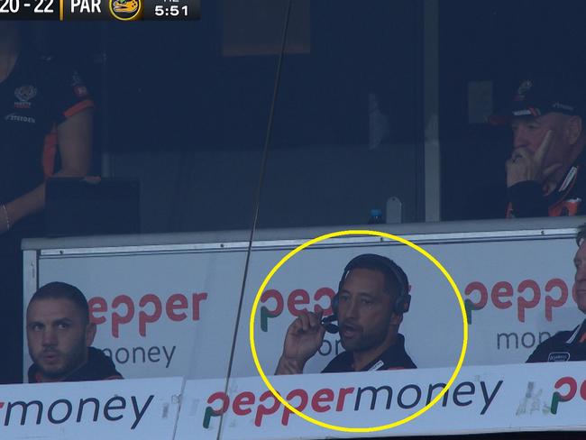 Benji Marshall backing orders in the coaching box.