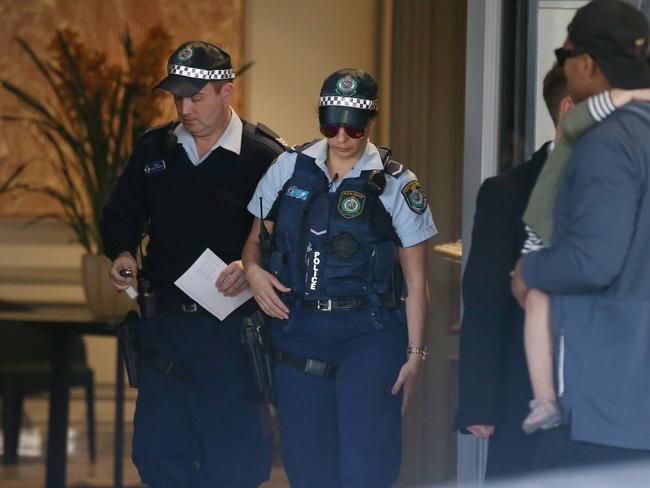 Police leave the Intercontinental Hotel in Double Bay where the All Blacks are staying.