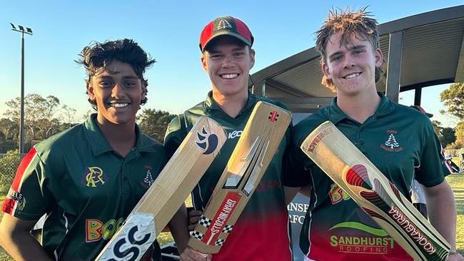 Ashen Hettinayaka, Cooper Remy and Tom Corrie all made centuries in Pines' U16s on Friday night. Picture: Janelle Wilson