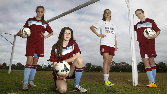 Sandringham Soccer Club players Isabella Saisanas, 13, Greta Jowettsmith, 13, Emma Roberts, 17, and Sarah Greaves, 12. Picture: Yuri Kouzmin.