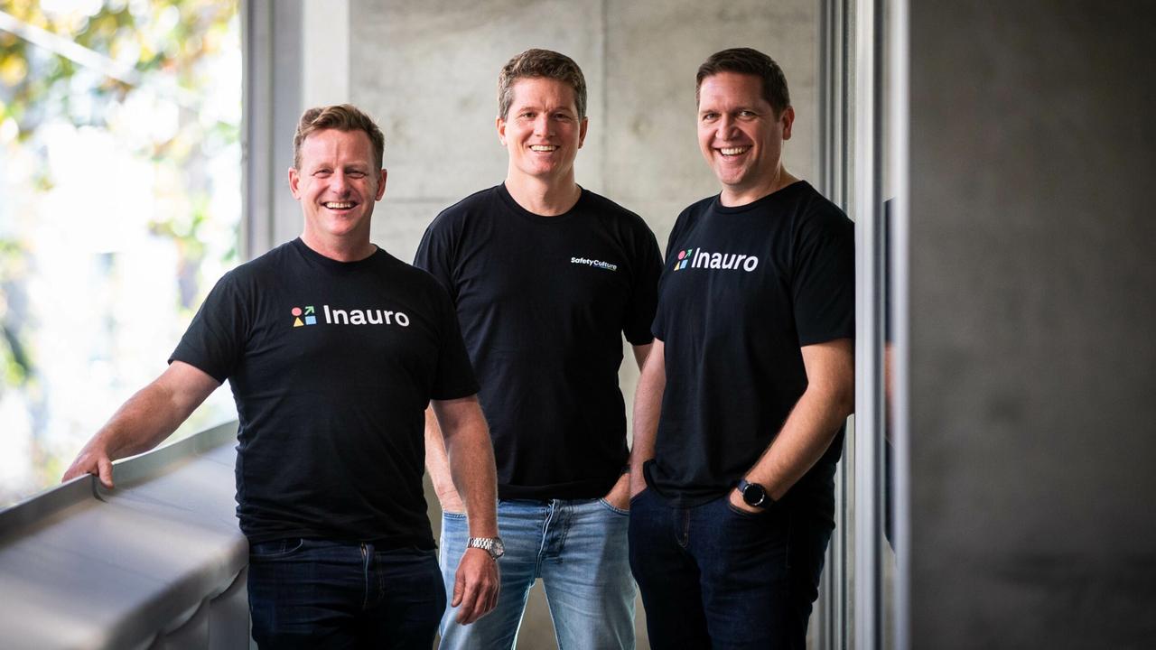 SafetyCulture chief executive Luke Anear, alongside Inauro Co-CEOs Angus Kennard and Craig Kesby. Picture: Supplied