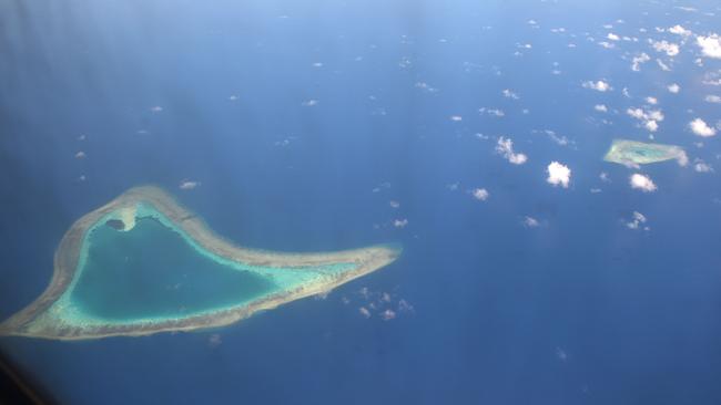 An aerial view of reefs in the disputed Spratly Islands in the South China Sea.