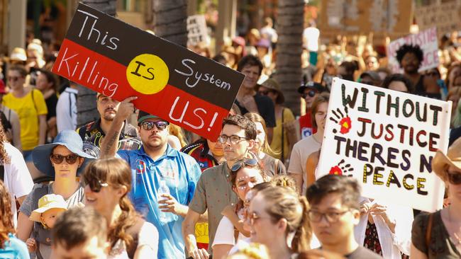 More than a thousand Top Enders gather at a BLM rally in The Darwin CBD. Picture GLENN CAMPBELL