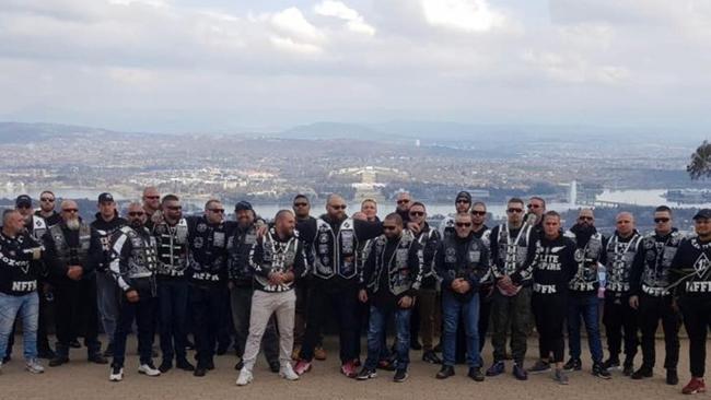 The gang photo showing Nomads bikies flouting anti-consorting laws by going to Canberra.