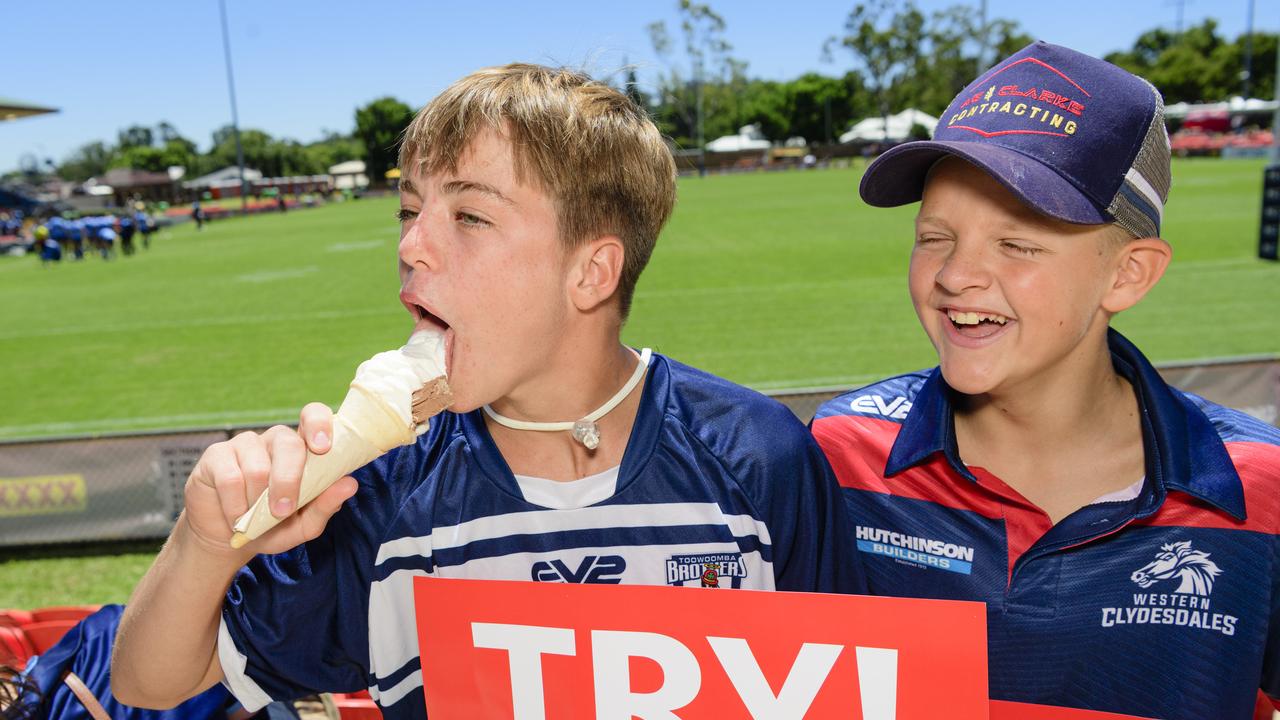 Brothers junior players Mitchell Clarke (left) and Tallas Wolff at the NRL Pre-Season Challenge game between Broncos and Titans at Toowoomba Sports Ground, Sunday, February 16, 2025. Picture: Kevin Farmer