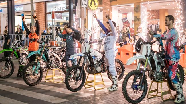 (L-R) Lance Russell, Luke McNeill, Pat Bowden and Ryan Brown of the Freestyle Kings freestyle motocross team during an exhibition at Rouse Hill Town Centre.